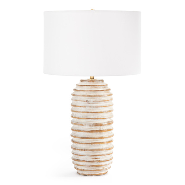 Light birch wood coastal lamp with white linen shade